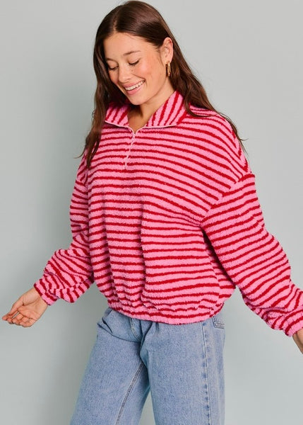 Fun Stripe Pink and Red Quarter Zip Fleece Pullover