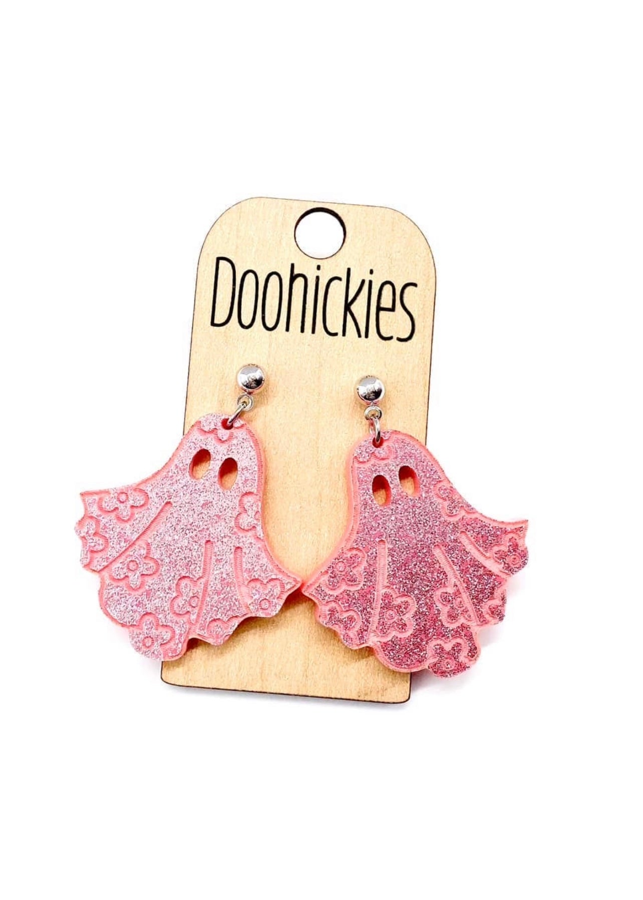 2" Pink Glitter Groovy Ghost Acrylic Dangles - Halloween Earrings