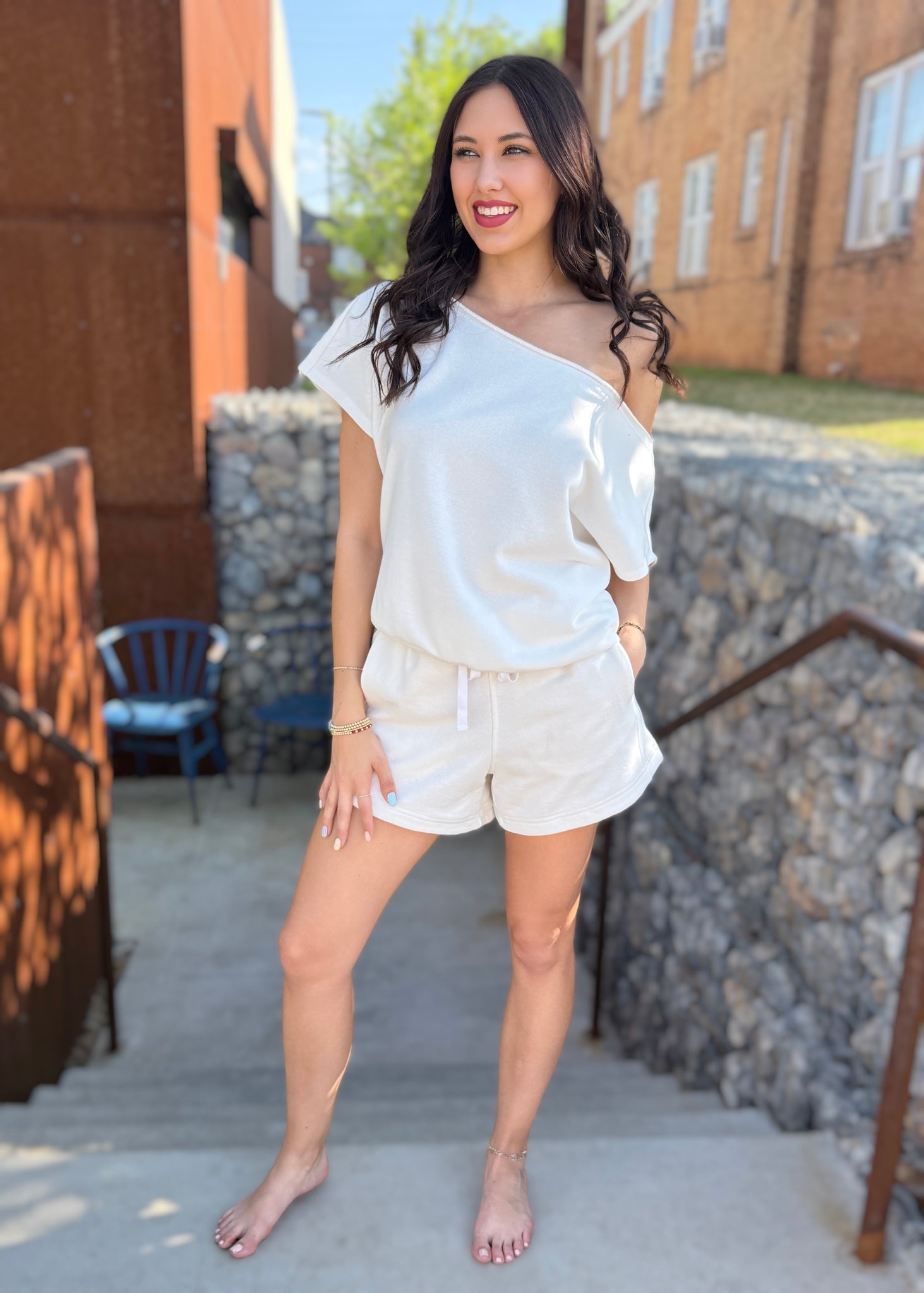 As You Are White French Terry Off Shoulder Top