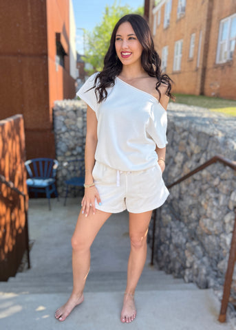 As You Are White French Terry Off Shoulder Top
