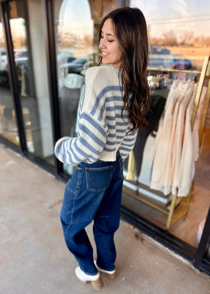 Winter Blues Striped Cropped Sweater