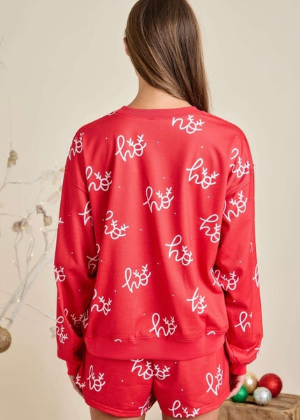 Red Rhinestoned "Ho, Ho, Ho" Printed Longsleeve Top