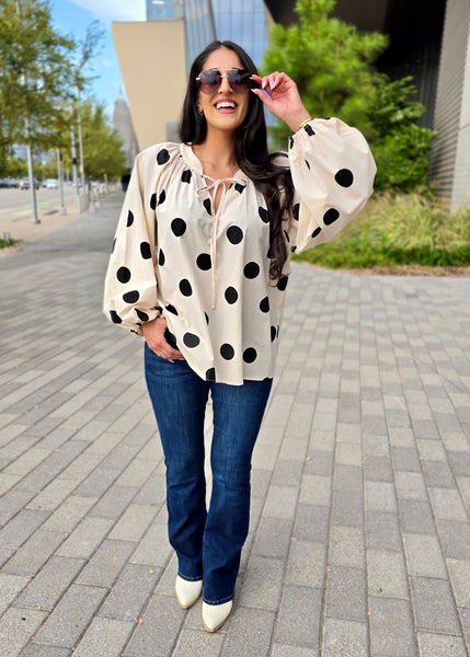 Exaggerated Polka Dot Balloon Sleeve Top