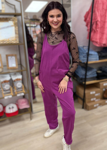 Subtle Stride Hot Lt. Plum Spaghetti Strap Pocketed Jumpsuit