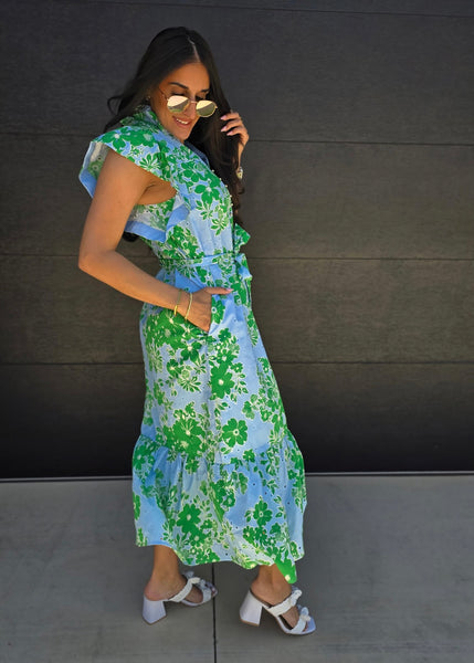 Social Setting Blue & Green Floral Maxi Dress