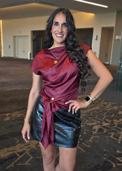 Positive Attitude Burgundy Asymmetrical Tie Waist Blouse