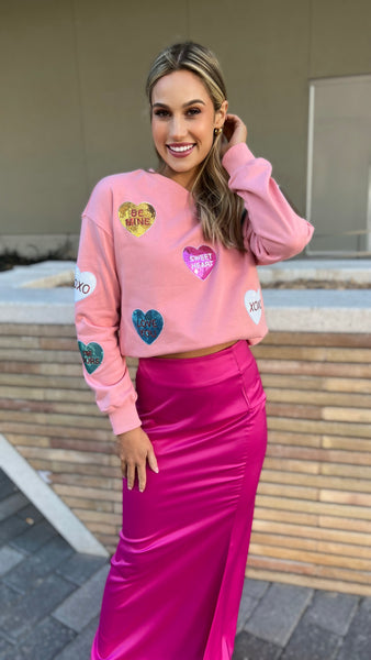 Conversation Sequin Heart Graphic Pink Sweatshirt