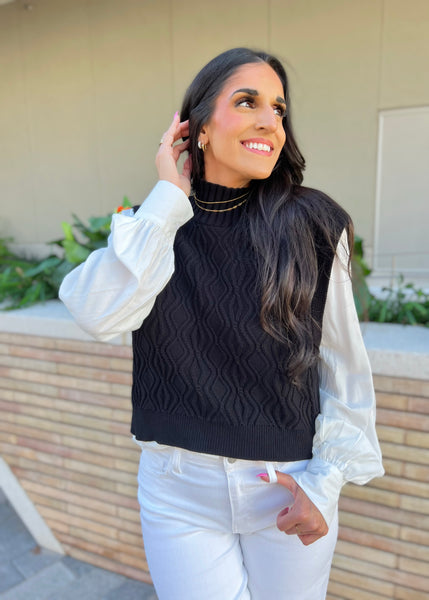 Beat Goes Black Sweater Vest Layered Over White Blouse