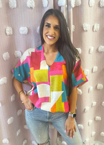 Game Night V Neck Abstract Print Top
