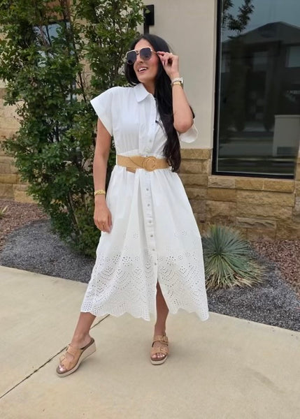 Island Getaway White Button Midi Dress