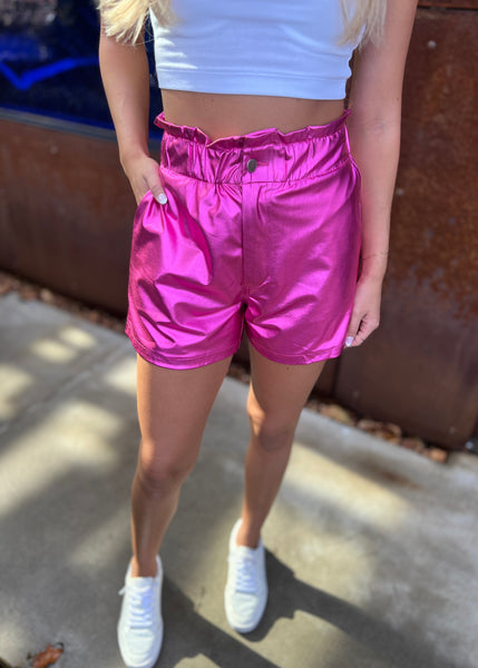 Shine Bright High Waisted Hot Pink Holographic Shorts