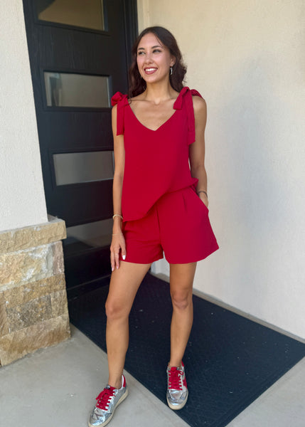 Wonderful Day V Neck Crimson Top With Self Tie Straps