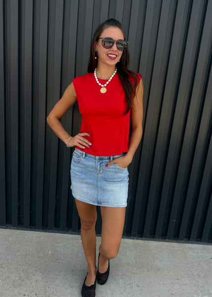 Dinner Plans Red Pleated Sleeveless Top