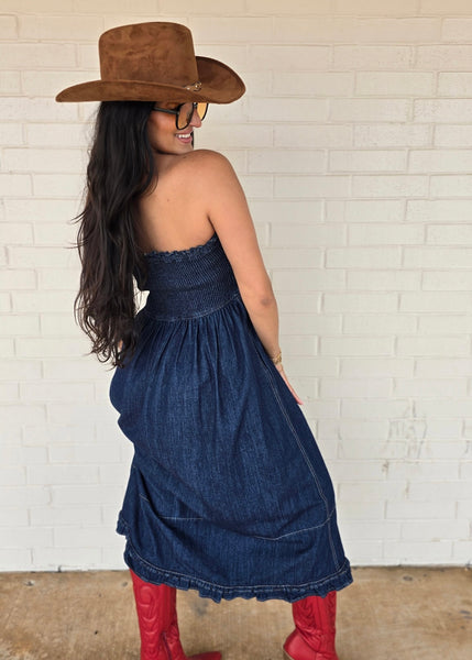 Love Language Denim Strapless Midi Dress
