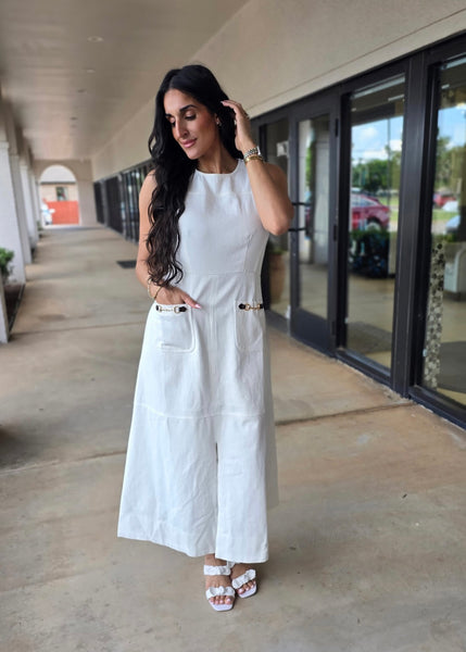 Standing Strong White Sleeveless Denim Midi Dress