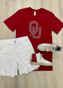 Tailgates and Stadium Shouts Crimson OU Silver Studded Tee