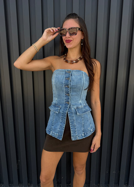 Hidden Request Denim Strapless Button Up Top