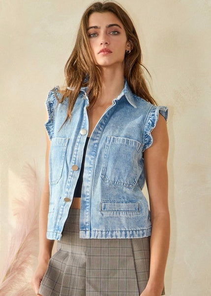 Ruffle Adorned Denim Vest