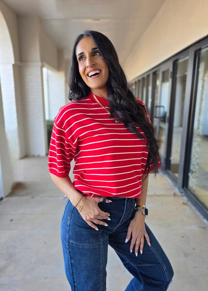 Saturday Stripes Red/ White Striped Short Sleeve Sweater