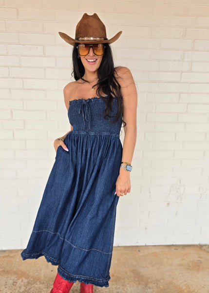 Love Language Denim Strapless Midi Dress