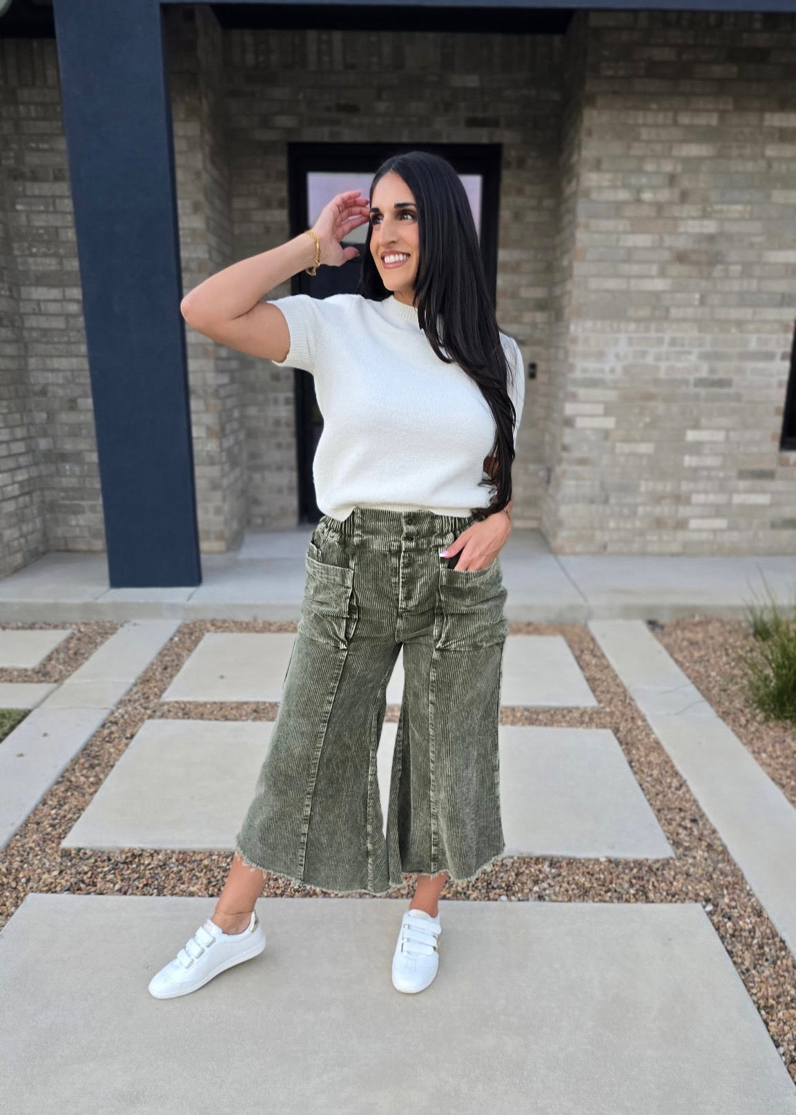 Seasonal Olive Corduroy Fray Hem Pants