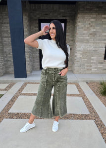 Seasonal Olive Corduroy Fray Hem Pants