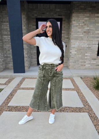 Seasonal Olive Corduroy Fray Hem Pants