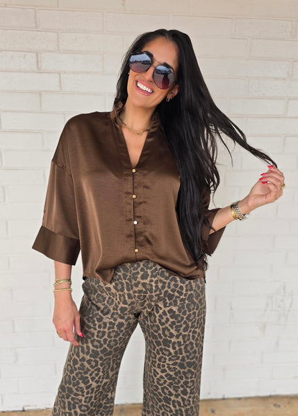 Makes Sense Brown Gold Button Up Blouse