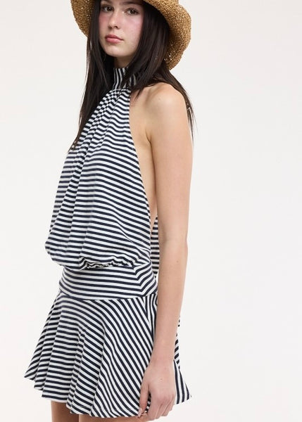 You Got Me Navy Striped Backless Halter Mini Dress-Romper
