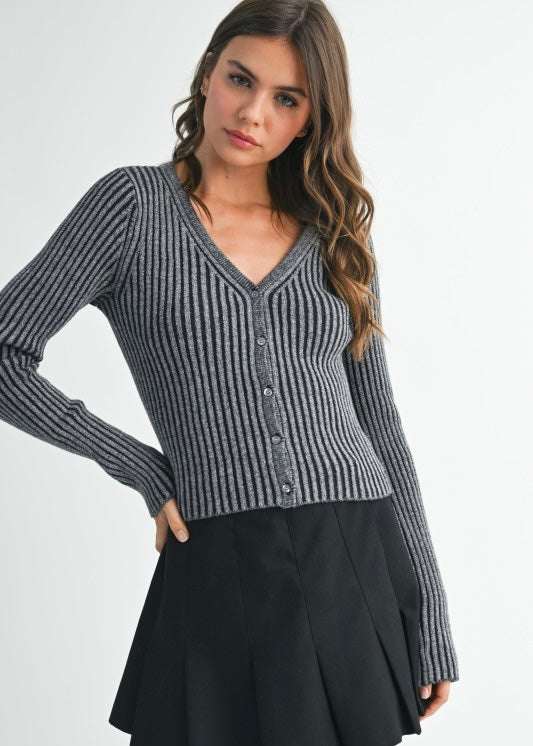 Places To go Black Ribbed Button Up Fitted Cardigan