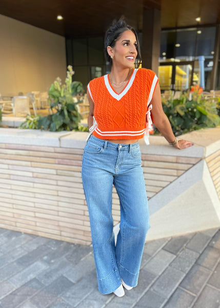 Let's Do This Orange/ White V Neck Sweater Vest