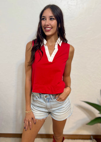 Tailgating Time Sleeveless V Neck Red/White Poplin Top