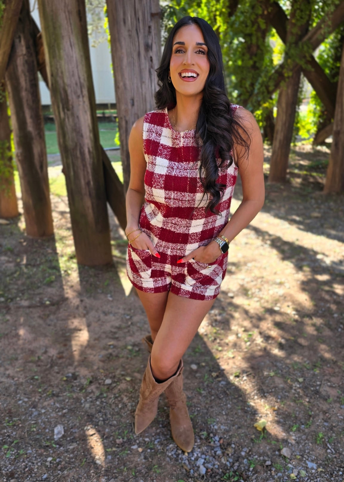 Figuring It Out Burgundy/White Plaid Tweed Romper