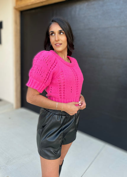 Sweet Attention Puff Sleeve Hot Pink Cropped Sweater