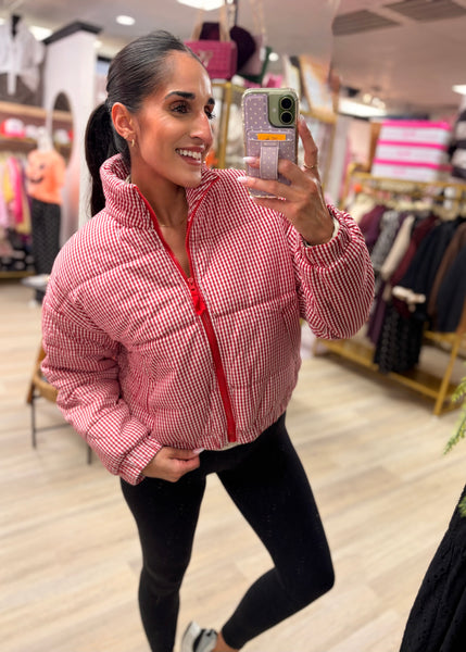 From The Stands Red & White Gingham Puffer Jacket