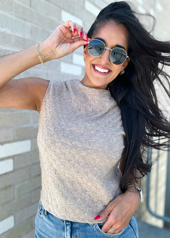 Must Have Sleeveless Mock Neck Taupe Knit Top