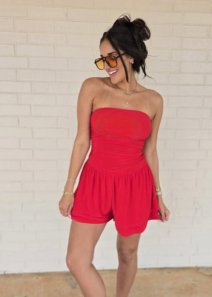 Weekender Red Strapless Athleisure Romper
