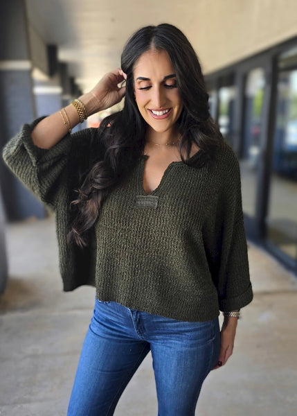 True Fall Olive Cuff Sleeve Sweater