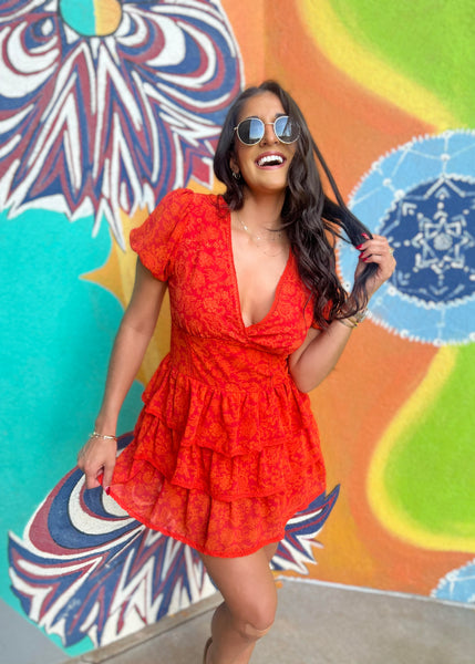 Smiling Bright Paisley Print Tiered Romper Dress