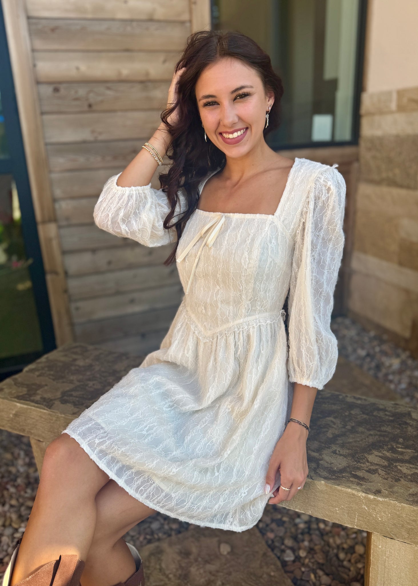 Picturing Your Dreams Textured Lace Long Sleeve Mini Dress
