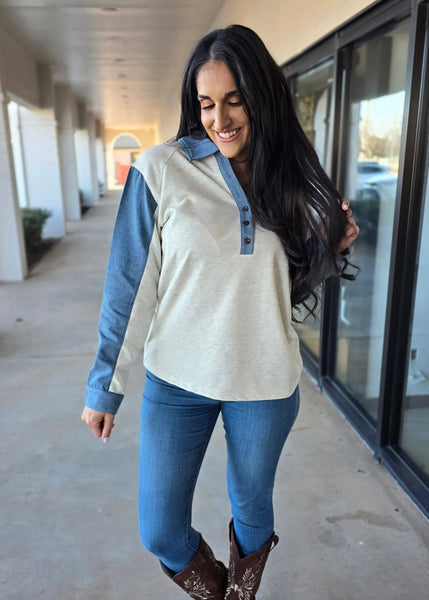 On The Go Denim Color Block Sweatshirt Top