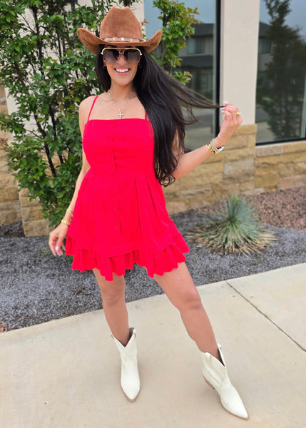 No Secret Red Poplin Pleated Mini Dress