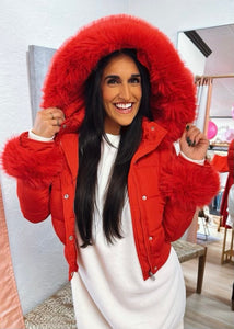 Red quilted coat with top fur hood
