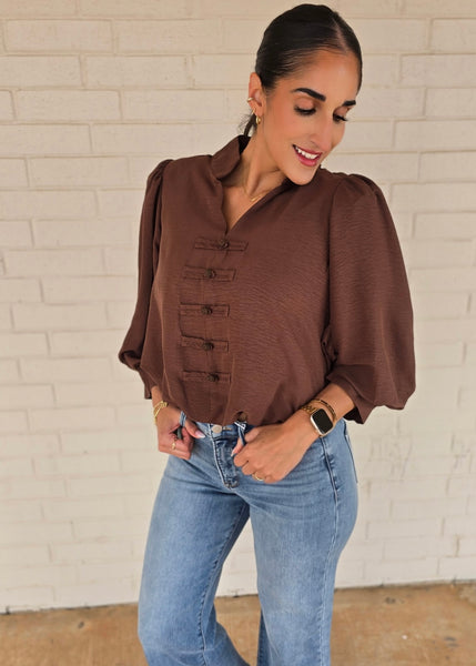 Off To New Places Brown Bubble Hem Top