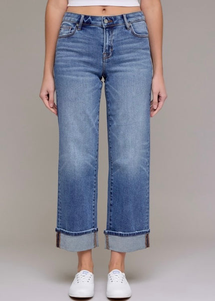 Ella Mid Rise Cuffed Straight Denim