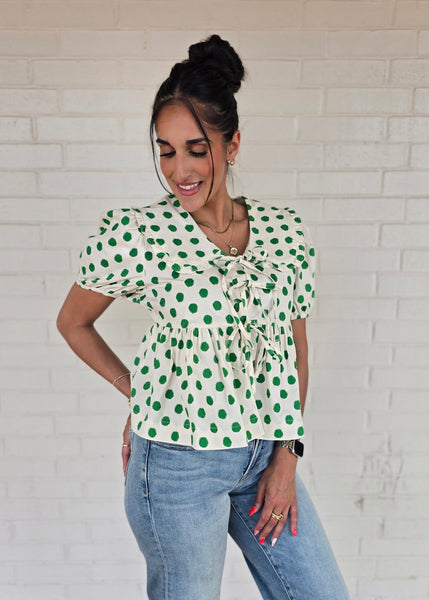 The Only One Green Polka Dot Front Tie Top