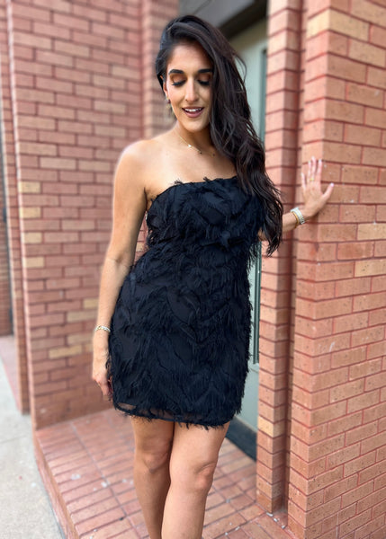 Impressive Eyelash Feathered Fringe Black Strapless Dress