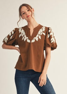 It Girl Brown and White Embroidered Puff Sleeve Top