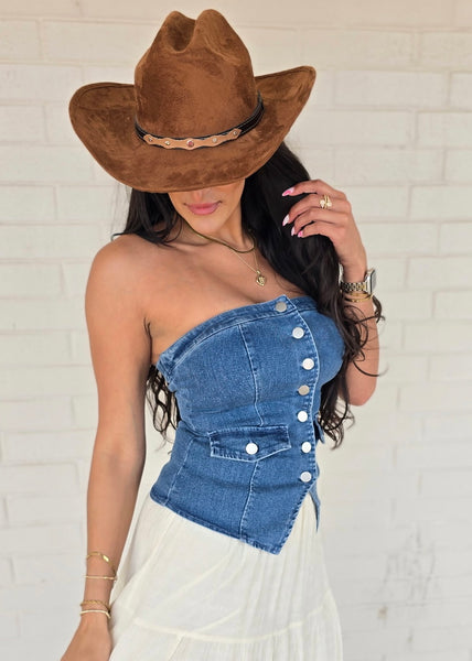 Country Girls Dream Strapless Denim Button Up Top