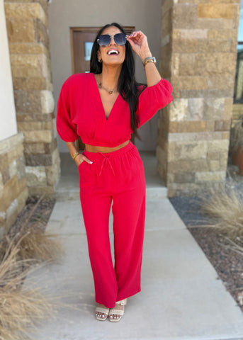 Rally Up Red Cotton Gauze Wide Leg Pant